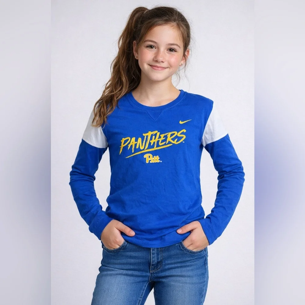 Nike Pitt Panthers Girls Long Sleeve Tee Blue Gold NCAA Youth Shirt M